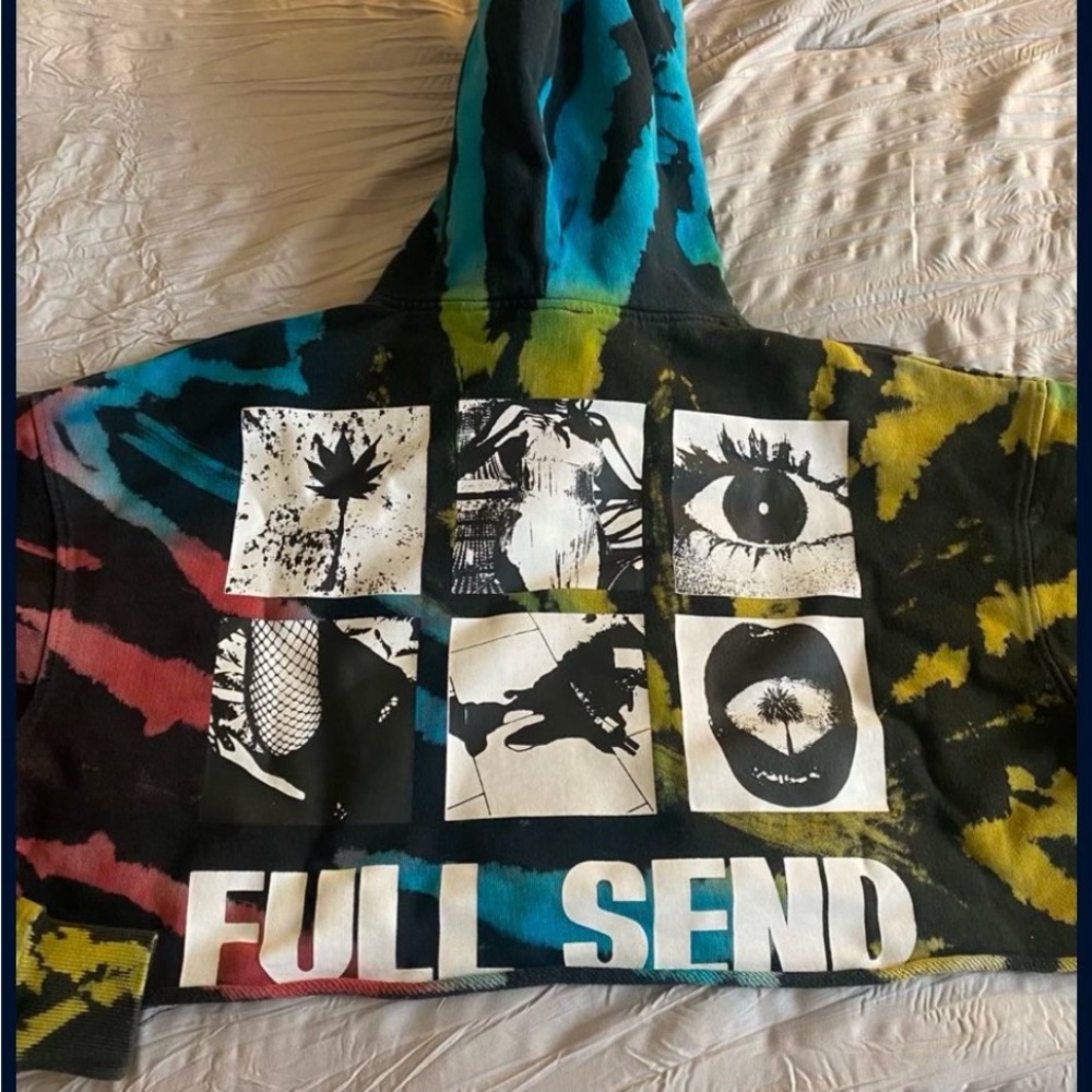 Exclusive Full Send cropped long sleeve hoodie tie die with raw edge size small